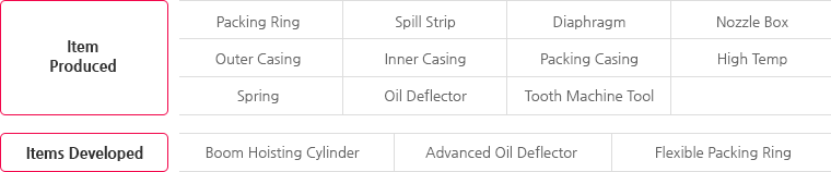 Item Produced - Seal Ring,Diaphragm Outer Ring ,Diaphragm ASS’Y,Blade Ring,Outer End Shield,Assembly & Adjustment of Outer Ring,Packing & Casing & Packing Head,Gland Ring,Diaphragm Inner Ring,Dummy Ring,High Temp. Bolt,Nozzle Box / Items Developed -Flexible Packing Ring,Hydraulic Sleeve Bolt,Hydraulic Tensioner,Hydraulic Tensioner